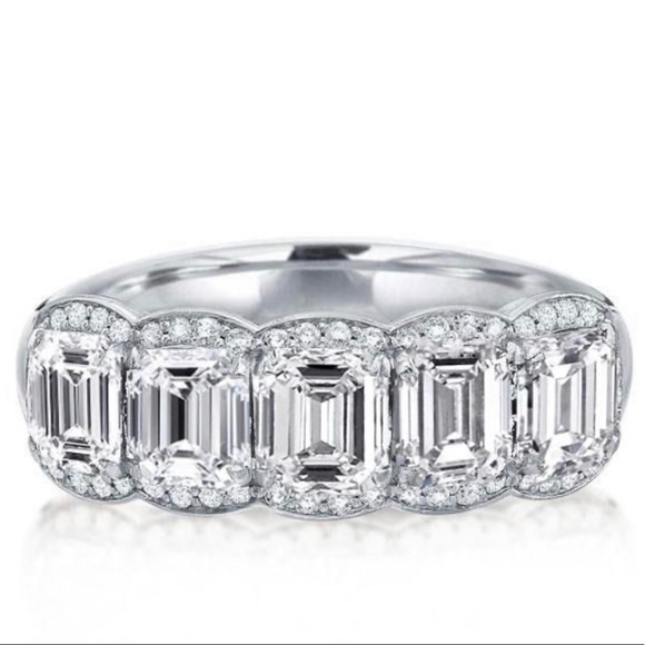 Italo Halo Emerald Created White Sapphire Wedding Band 925 Sterling Silver - Picture 1 of 7